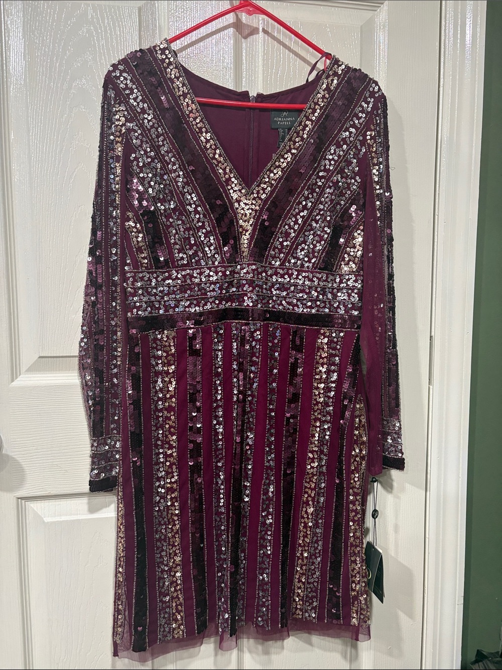 Adrianna Papell Plum Sequin Velvet V-Neck Long Sleeve Dress